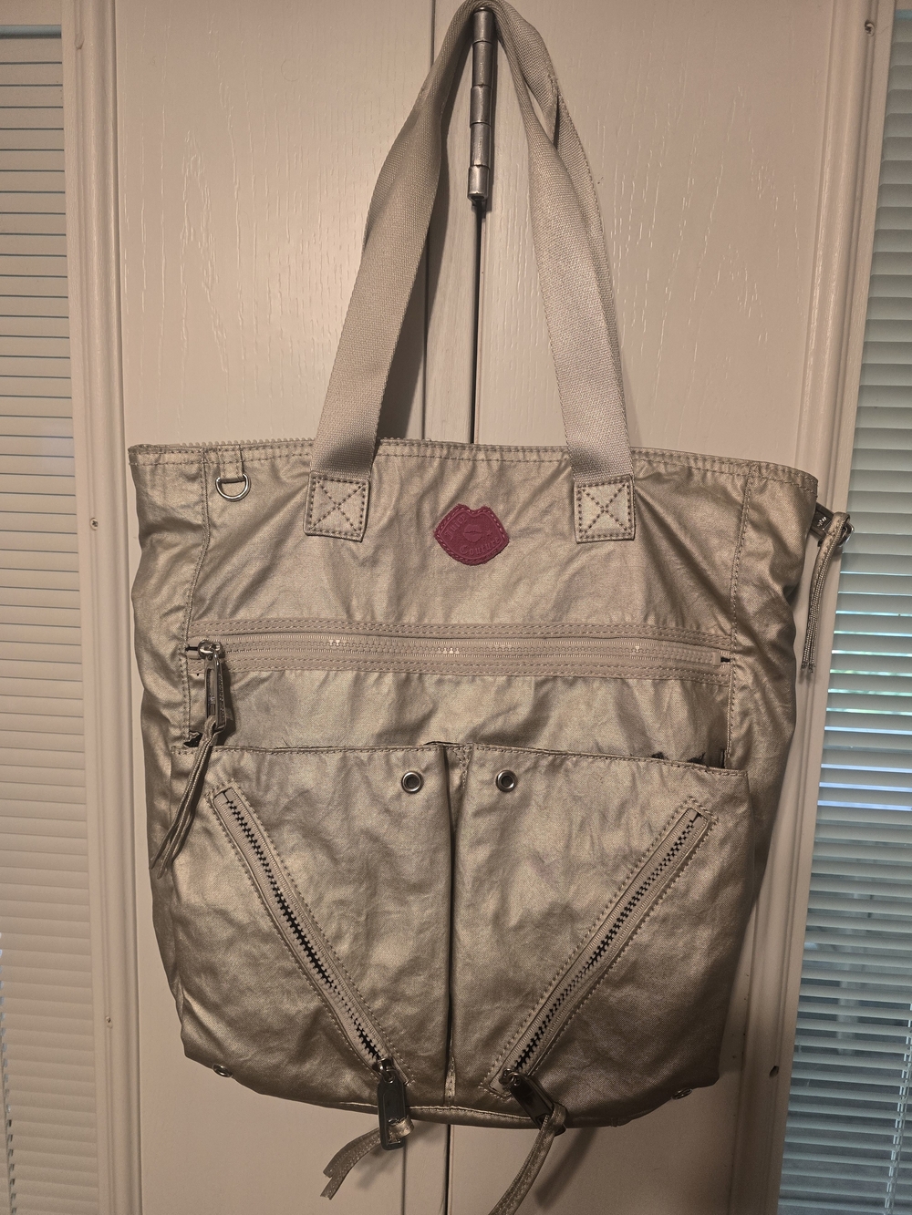 Juicy Couture Y2K OG Vertcal Dreamer Silver Reto Tote Bag with Pink Kiss Accent